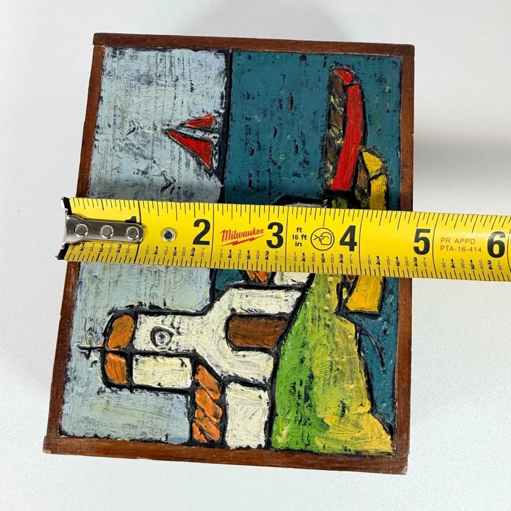 Hand Painted Wooden Trinket Box Coastal Village Scene Nautical Art vintage